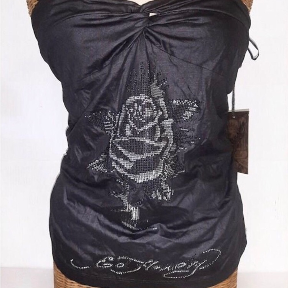 Ed Hardy Blinged Out/Rhinestone Bandeau Style Halter Top NWT